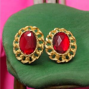 Vintage Clip On Gold and Red Cabochon Earrings